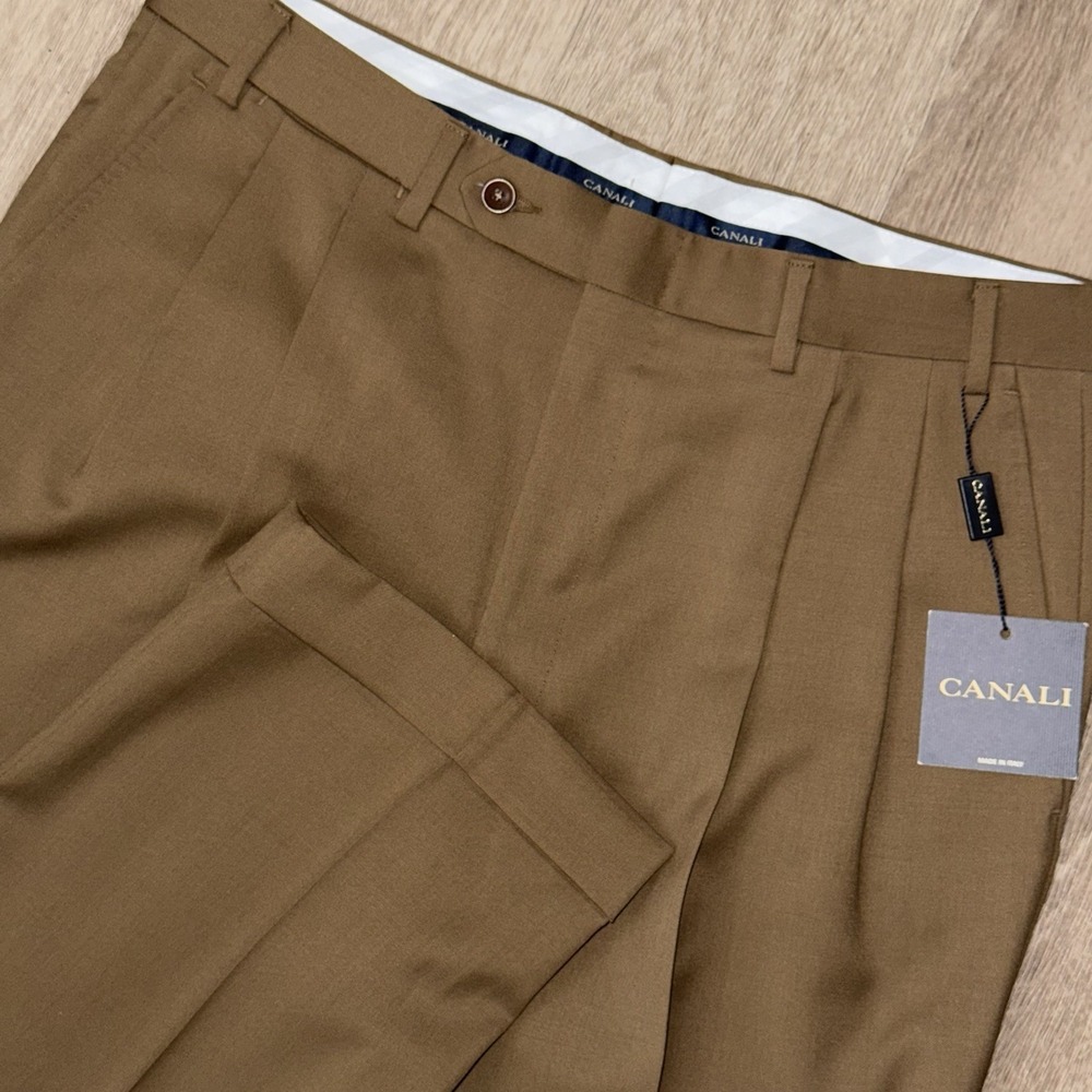 NWT Canali Wool Pleated Trousers Pants Cuffed Men's 34x28 Brown Straight Leg